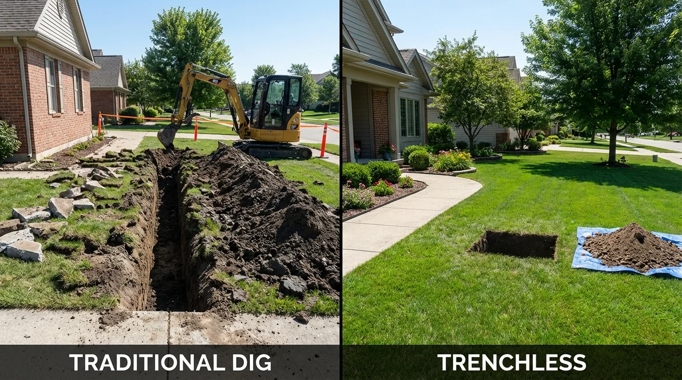 Trenchless sewer repair with minimal yard damage versus traditional excavation in Columbus, MT