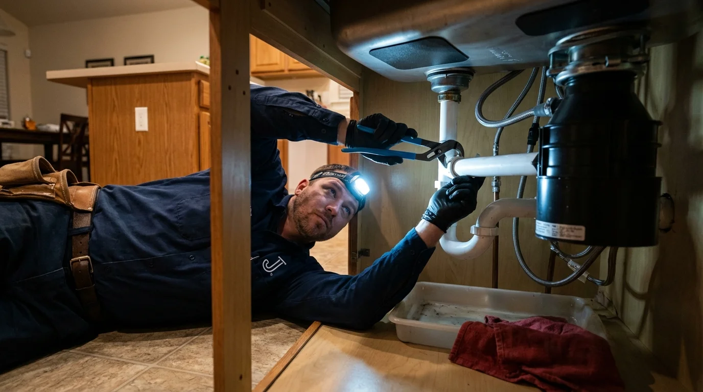 P-trap and supply line connections under a kitchen sink showing a common leak point in Columbus, MT